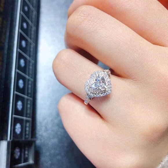 🌸Diamond Heart CZ Shiny 14k White Gold Luxury Macro Pave Ring for Women, K852 - Picture 11 of 11